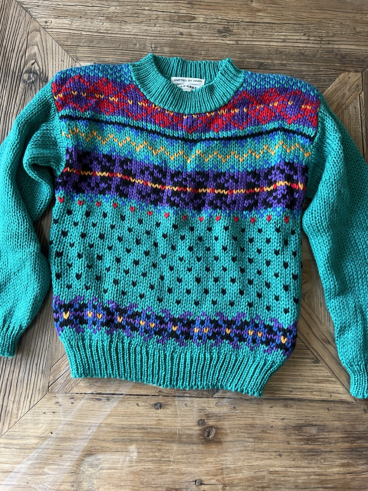 Vintage 1980s/90s JJ Fargo Hand-Knit Wool Sweater – Turquoise & Geometric Size M