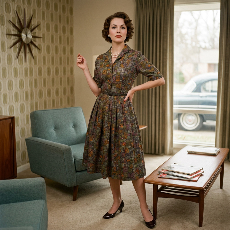 Vintage 1950s Abstract Pollock Print Day Dress, Atomic MCM Midcentury Shirtwaist