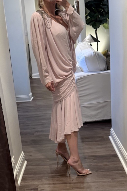 Vintage 1982 Eletra Casadei Blush Pink Chiffon Beaded Dress 80s Golden Girls M