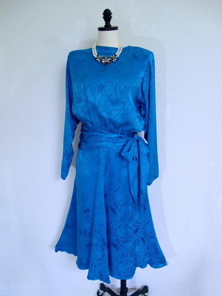 Vintage 80s Jerry Regenbogen Silk Dress 6 Sapphire Blue Sash Wrap Retro Glam