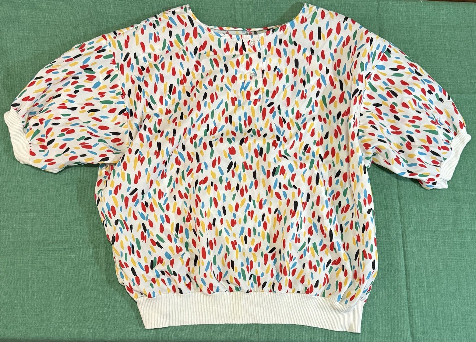 Vintage 80s Blouse Abstract Paint-Stroke Blouson with Shoulder Pads Women M