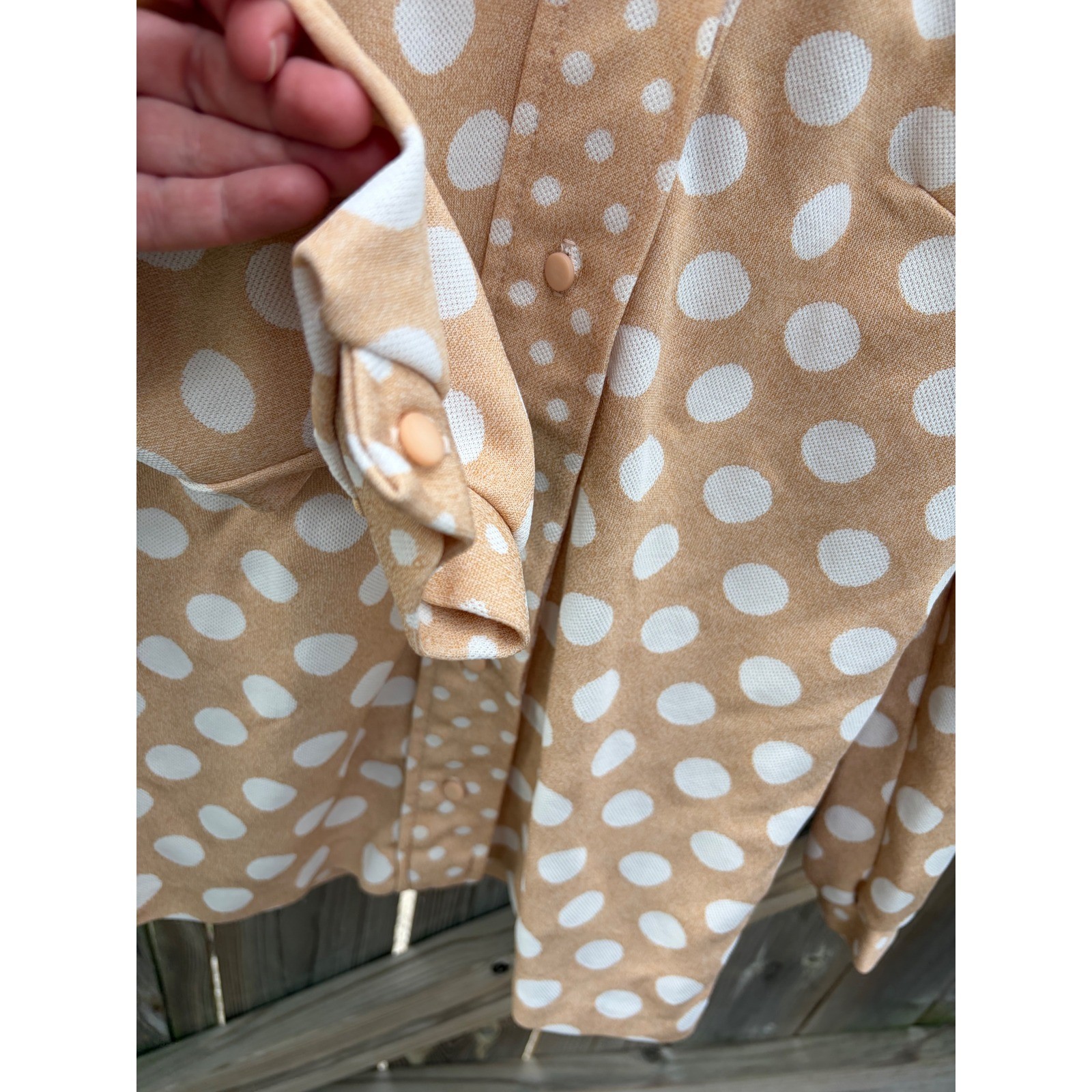 Stage 7 Vintage 70s Polka Dot Blouse Tan White Dagger Collar Retro Top Size 8