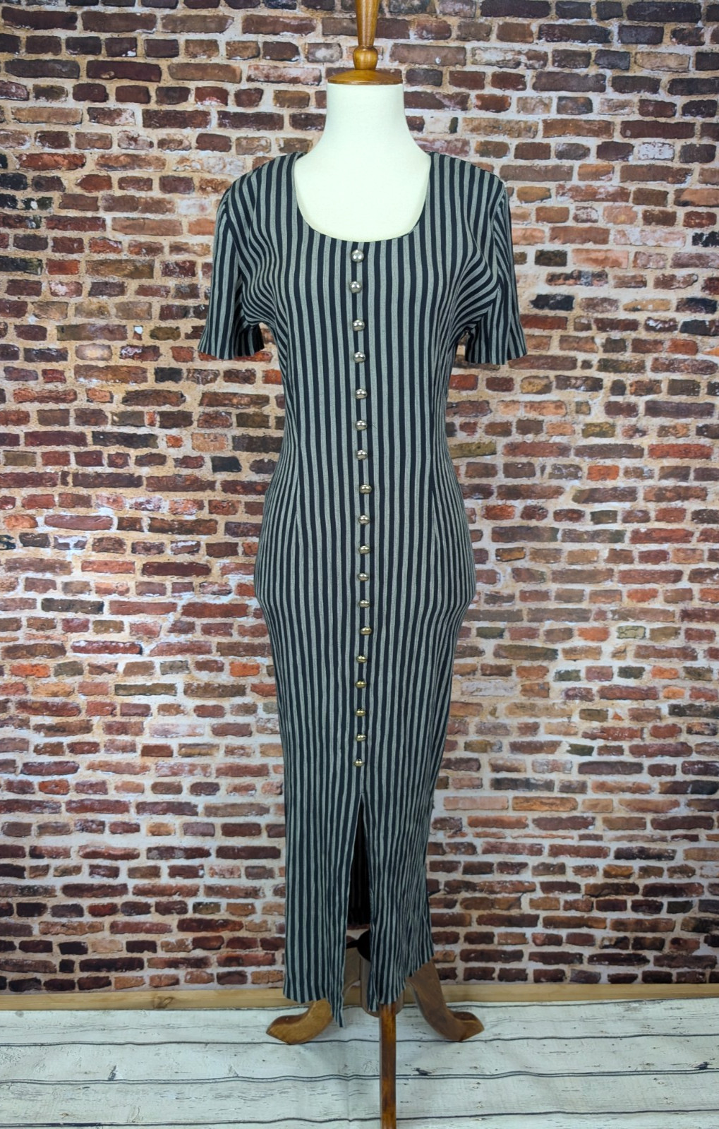 Vintage Long Slit Wiggle Dress 90’s Y2k Striped Button Maxi Size 5 6 Small Gray