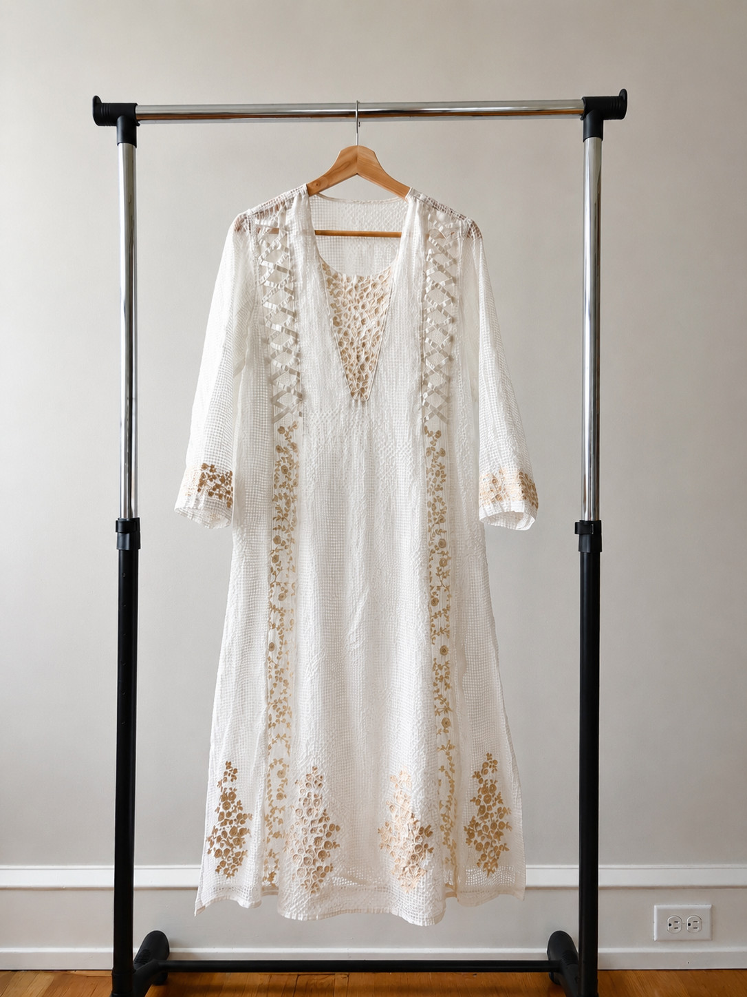 Vintage Embroidered Boho Midi Dress White Crochet Lace Cottagecore