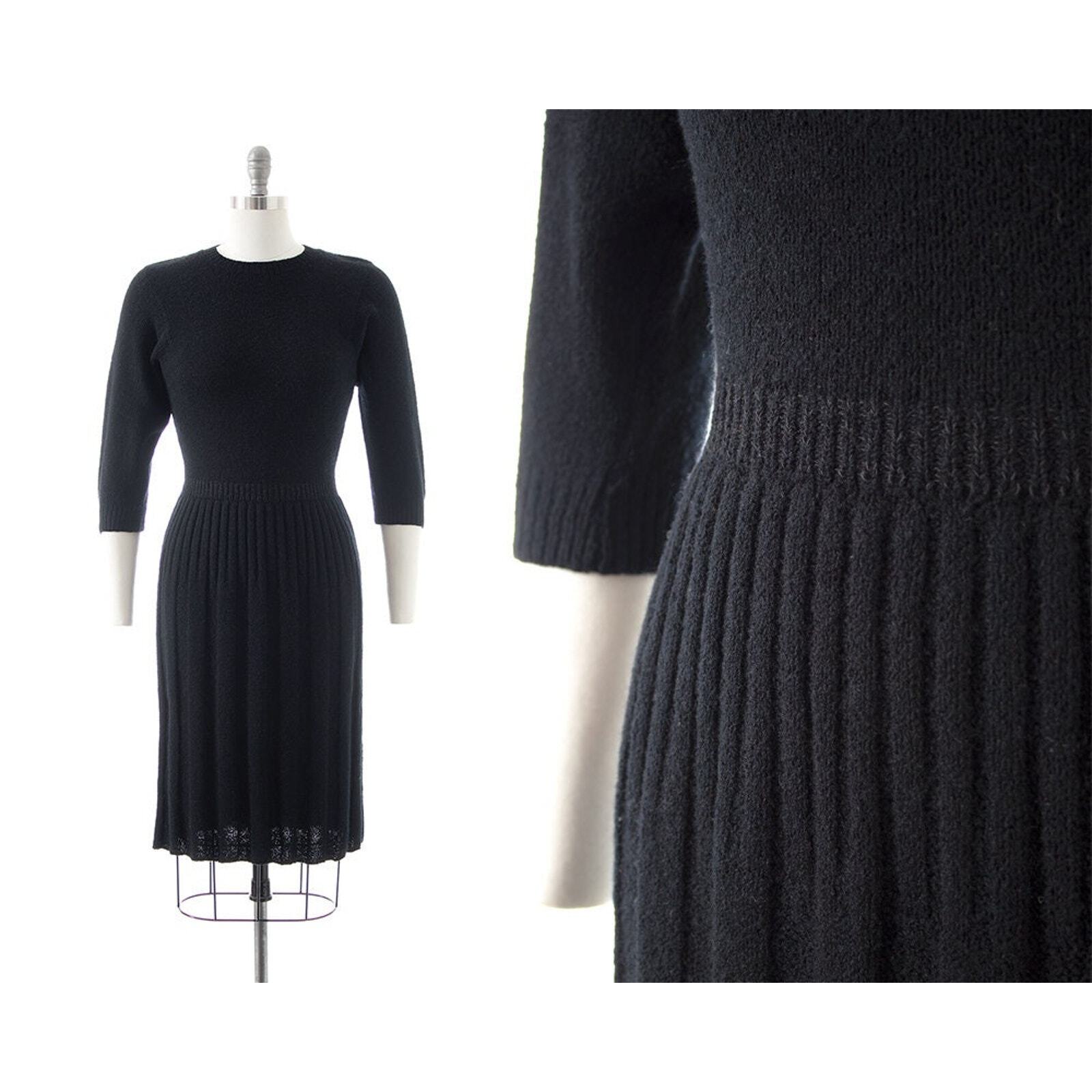 Vintage 1940s 1950s Sweater Dress Black Knit Wool Stretchy Sheath Pin Up Wiggle