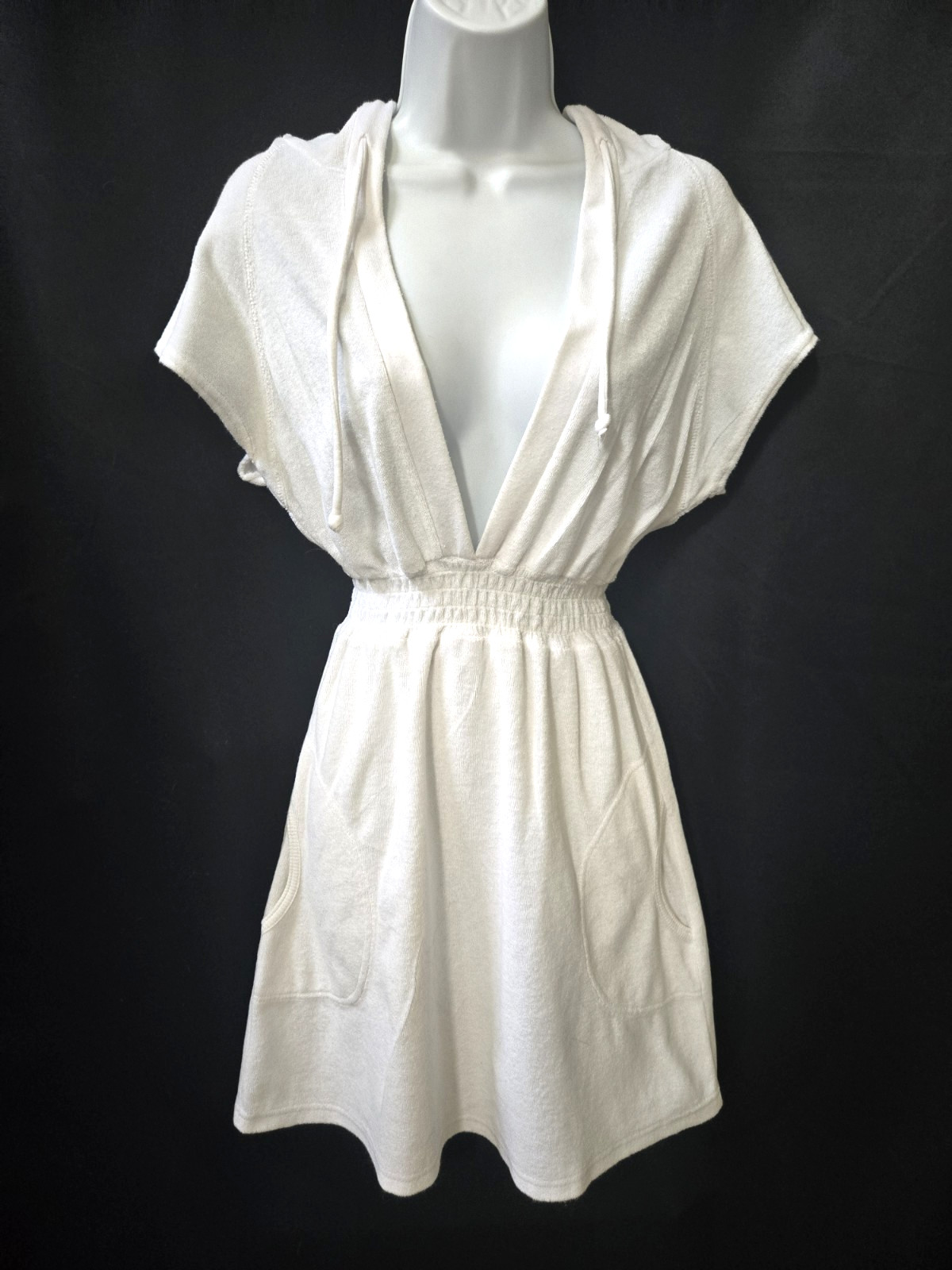 Sporty Sexy Cute Vtg 90s HANA SPORT Deep V-Neck Terrycloth Hoodie Mini Dress L