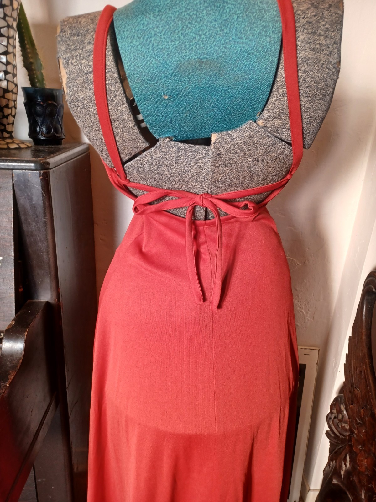 Vintage 1970s Orange-Red Strappy Disco Maxi-dress