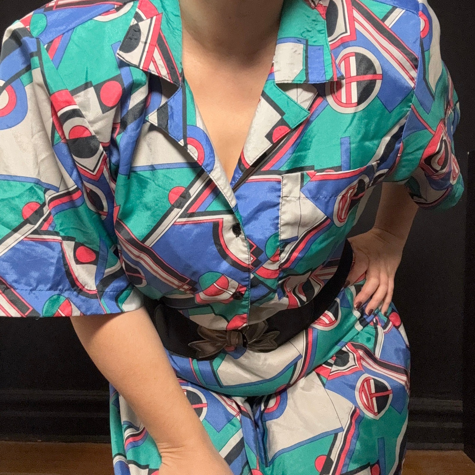 Memphis Vtg 80s Dress Geometric Allyson Holley Abstract Teal Blue L Maximalist