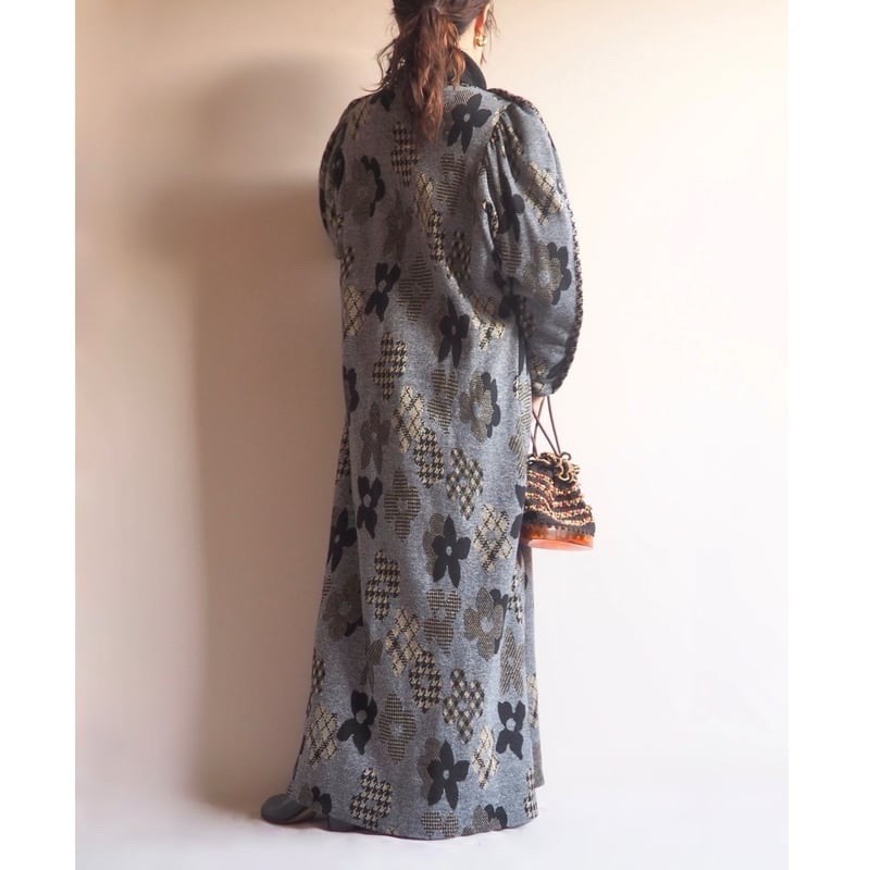 Stunning David Brown, 1970s metallic balloon sleeve houndstooth flower dress