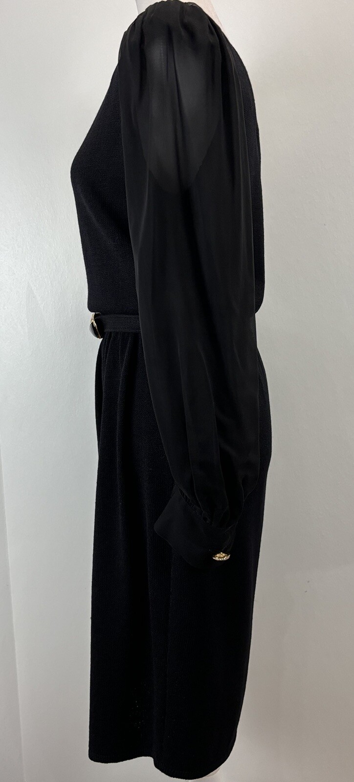 Vtg St. John By Marie Gray Knit Dress Black Sheer Sleeves Belt Cuff Buttons HTF