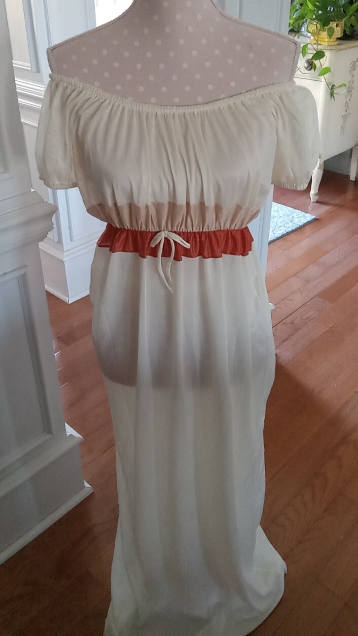 VTG Old Hollywood Glam Soft Nylon Nightgown Negligee Gown Ivory Orange Tan L 36