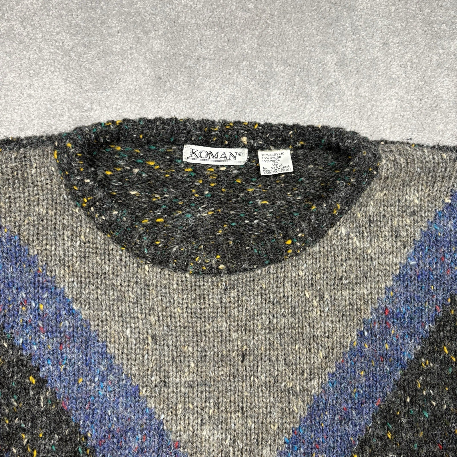 1980s Koman Knit Sweater Wool Blend Confetti Gray Geometric Size Large Vintage