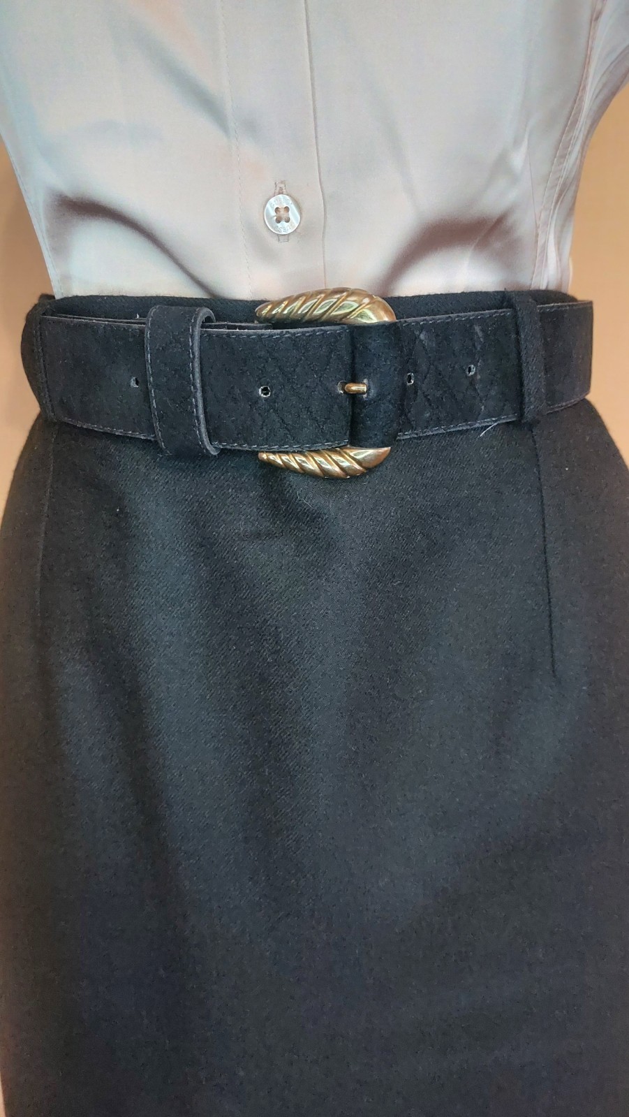 Vintage 100% Virgin Wool Pencil Skirt Woolmark Black Belted Size S M Italy 90s