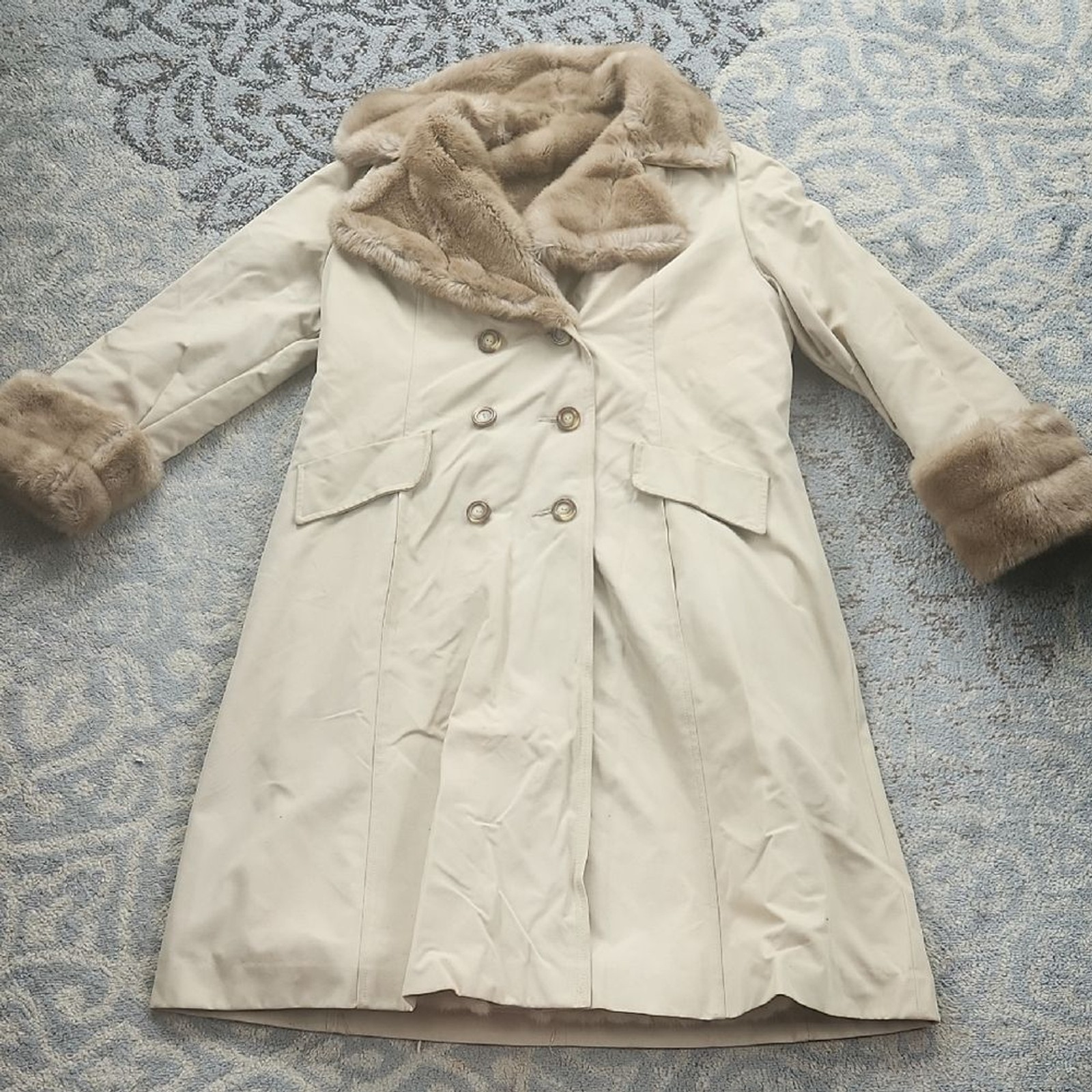 Vintage Mincara by Russell Taylor Faux Fur Lined Trench Coat Tan
