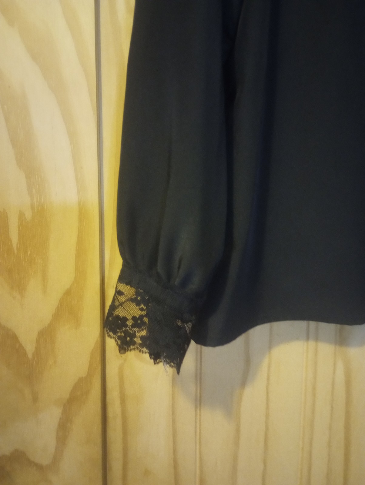 Women’s Vtg Sz 14 LS Black Blouse Lace Trim Button Up 80s Goth Victorian Style