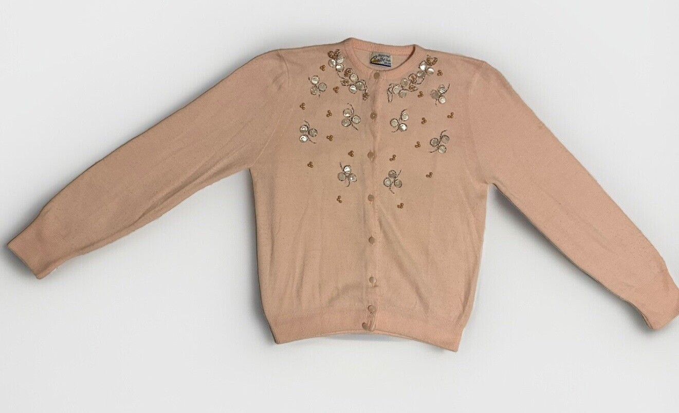 50s Vintage Caribe Turbo Orlon Beaded Sweater Lt Pink Pearls Women’s Small