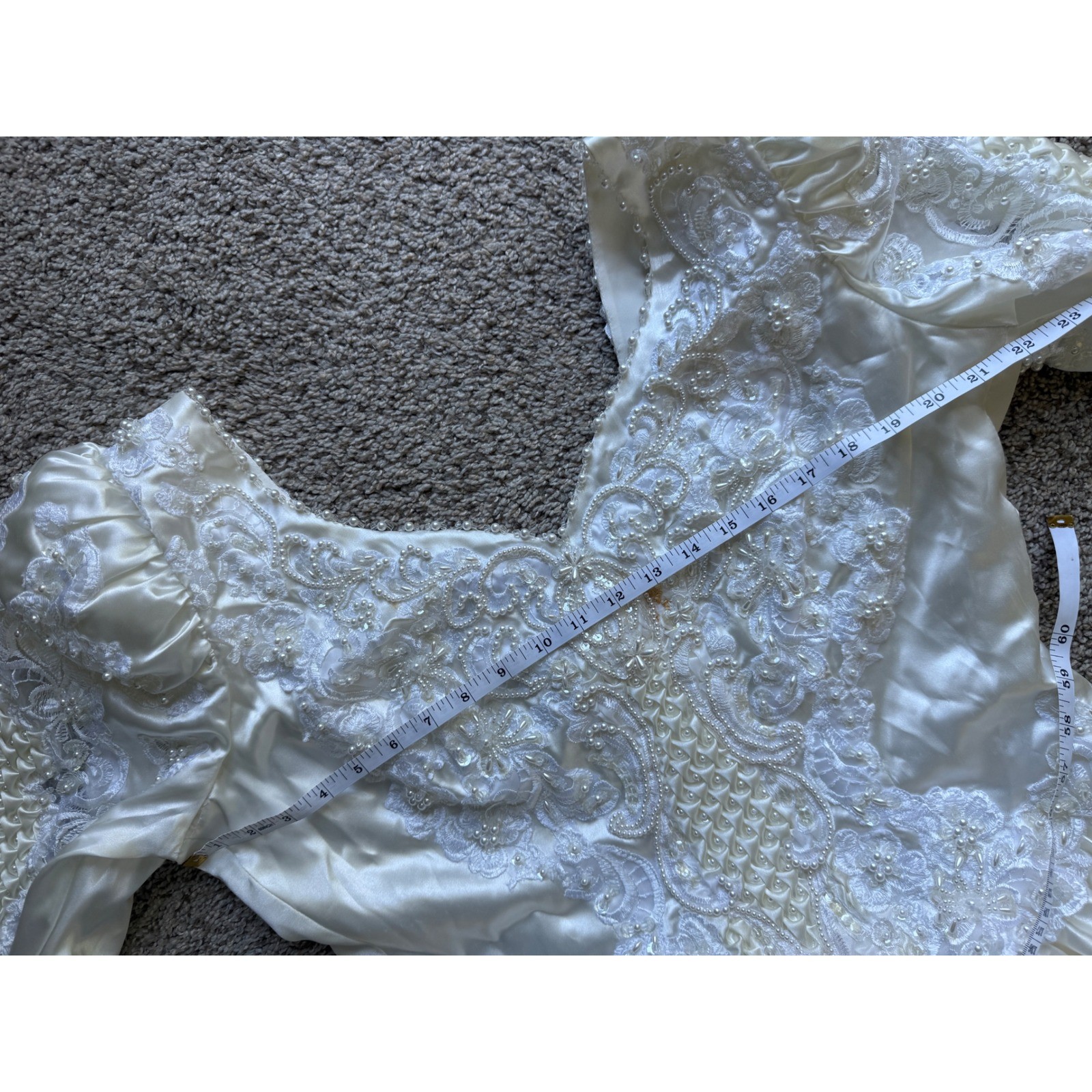 Vintage Ivory Satin Beaded bride Wedding Dress Long Sleeve Train 80s XL