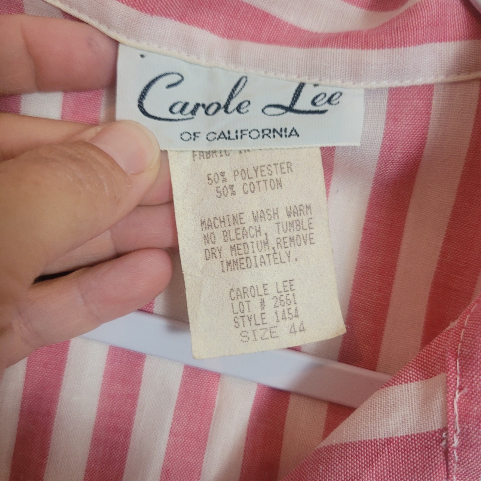 Vintage Carole Lee Pink White Striped Roll Tab Button Down Shirt Size 44 USA