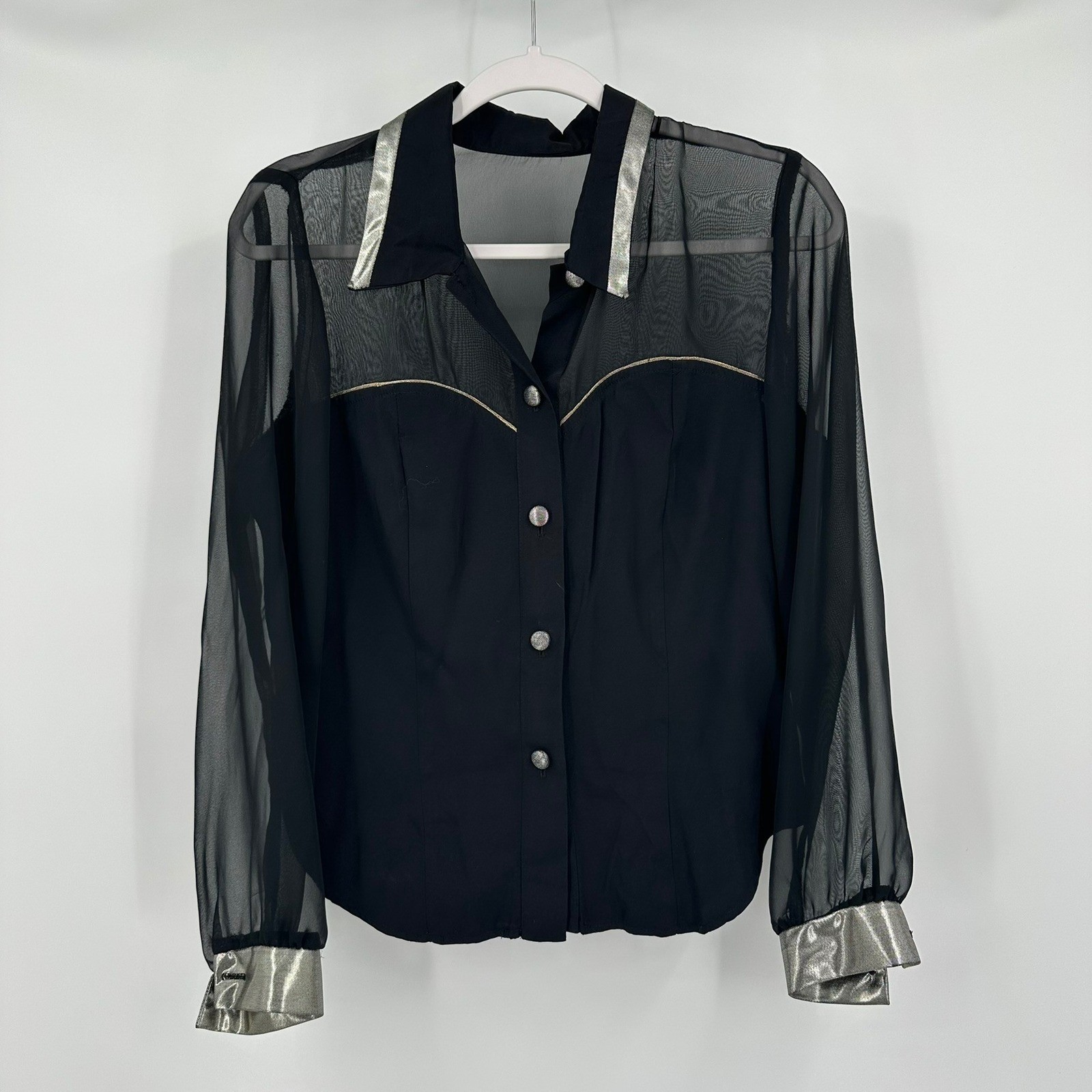 Womens Vintage Dark Coquette Western Tip Size M Black Sheer Mesh Metallic 90s