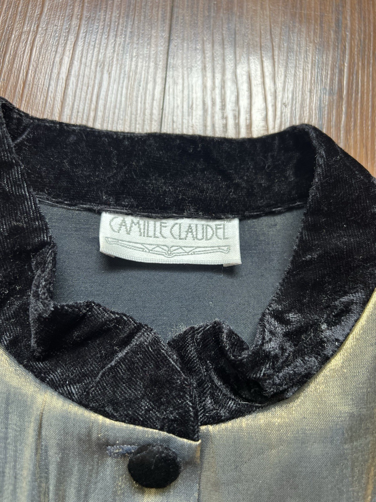 Vintage 90s Evening Blouse Shirt Long Sleeve Metallic Black Gold Mandarin Velvet