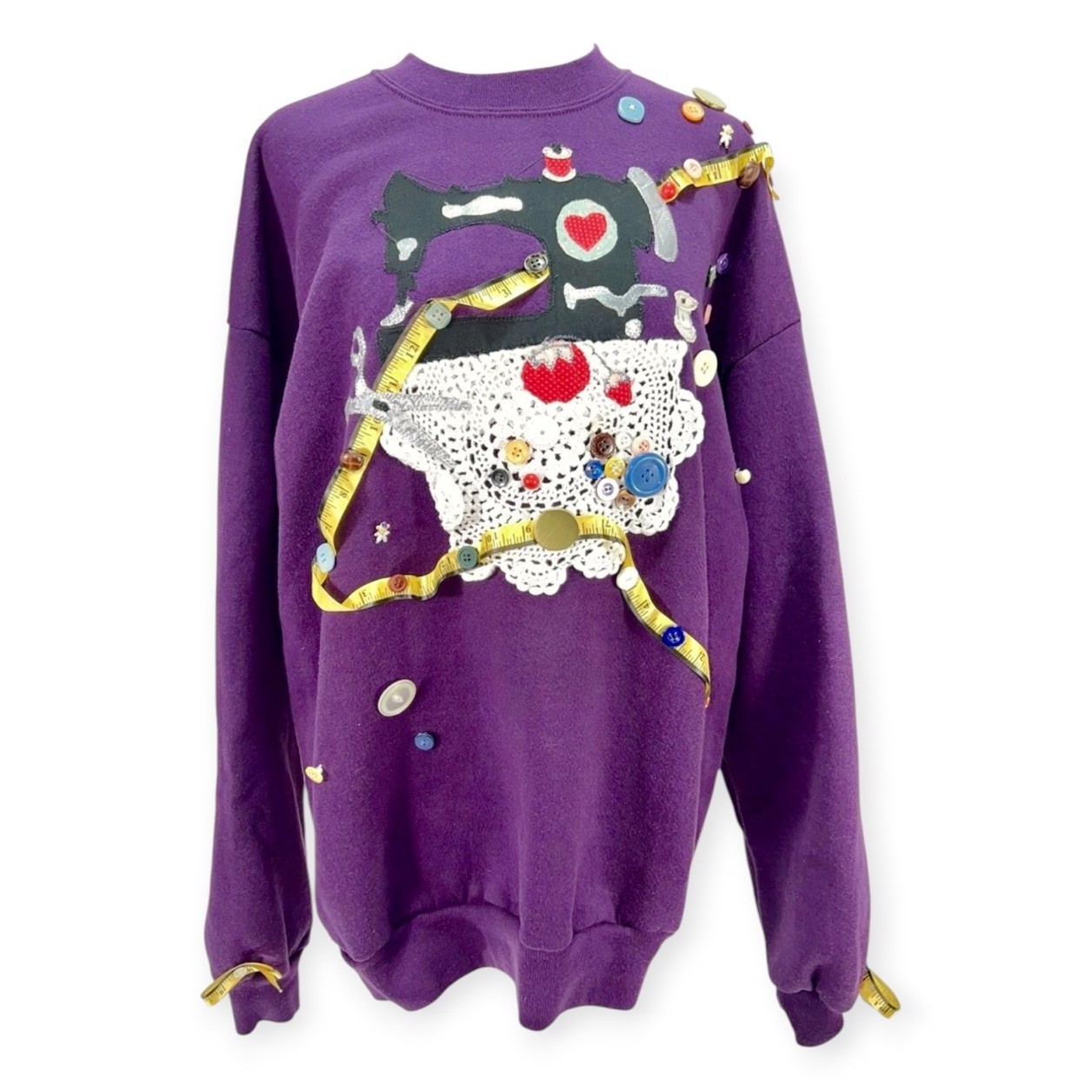 VINTAGE SWEAT SHIRT SWEATER SEWING MACHINE GRANNY ANTIQUE CORE CRAFT FOLK ART