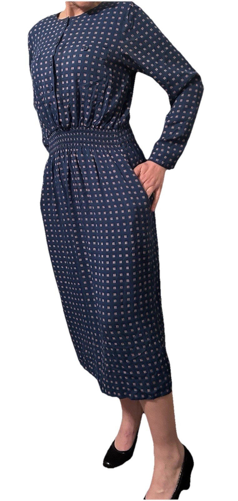 Vintage Dress Medium Blue Red Geometric 80s Does 40s Geek Chic Librarian
