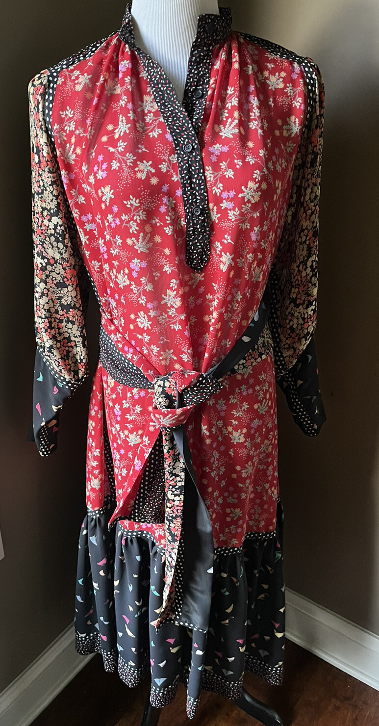 KOOS VAN DEN AKKER Floral, Dot, & Mod Art Mixed Print, Belted Boho Dress Size 6