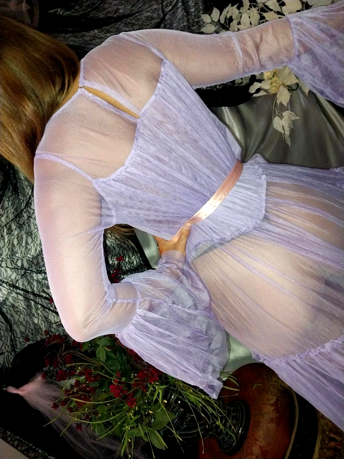 VTG SILKY PURPLE SHEER LAYERS BELL SWEEP NEGLIGEE NIGHTGOWN SISSY 48 OSFM