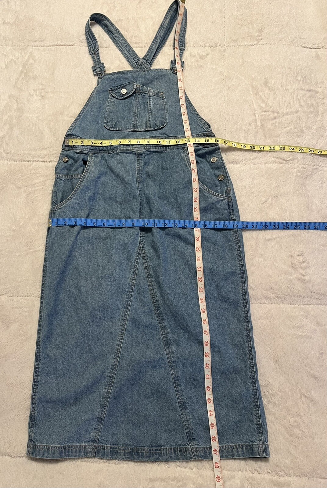 Vintage 90’s Expressions Blue Denim Overall Midi Dress Wm Md Pockets