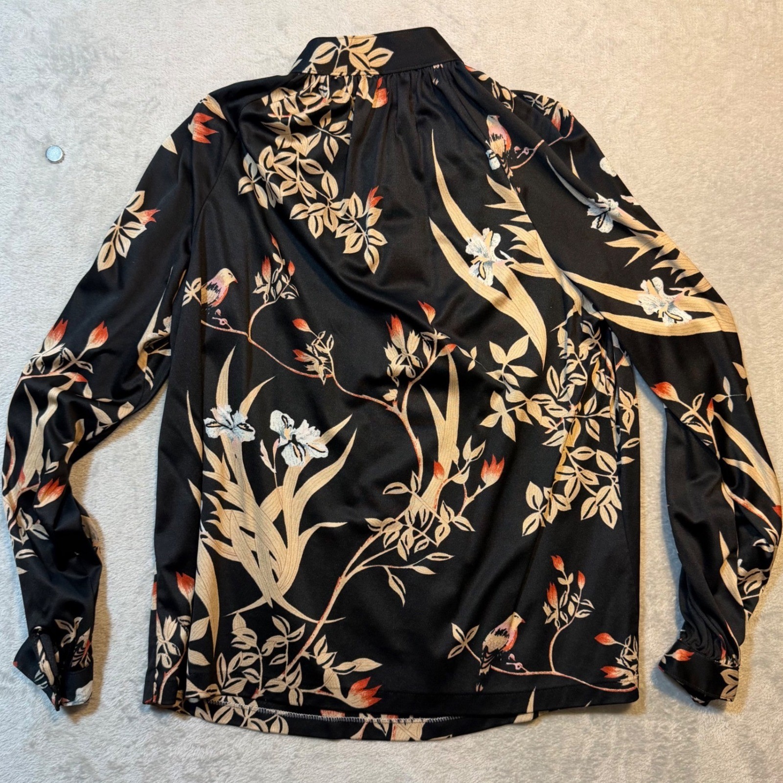 Vintage 70s Dark Floral Womens Black Bird Print Mock Neck Botanical silky light