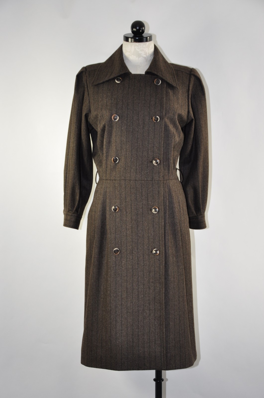 80s Vintage Saint Laurent Rive Gauche Brown Stripe Wool Tweed Coat Dress Women M