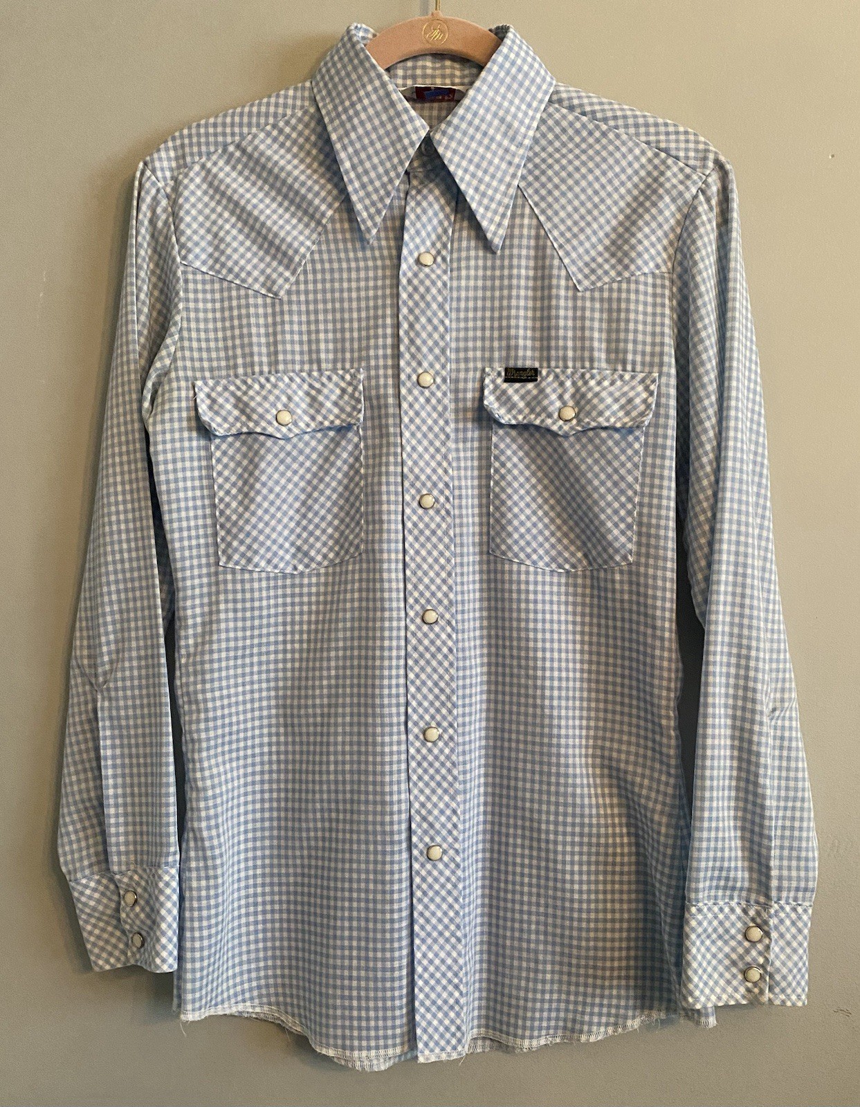 Vintage Wrangler Pearl Snap Western Shirt Womens Blue Gingham Size S Made In USA
