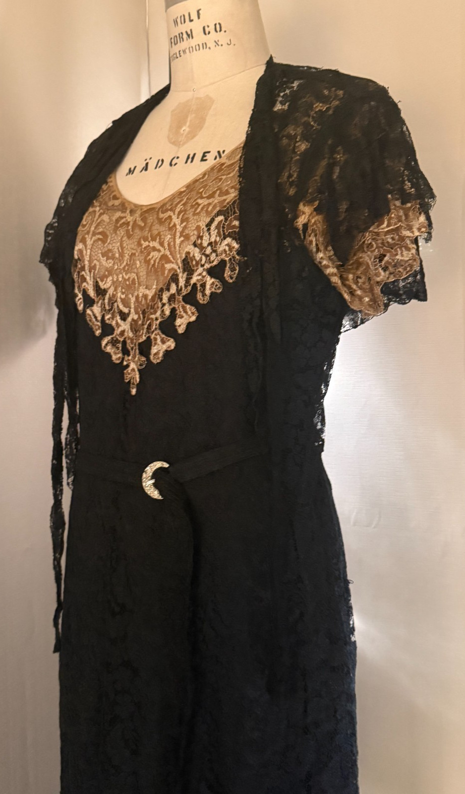 Vtg 1930s HOLLYWOOD DECO DRESS, 2 pc, ELABORATE ALENCON LACE w/ ILLUSION BODICE