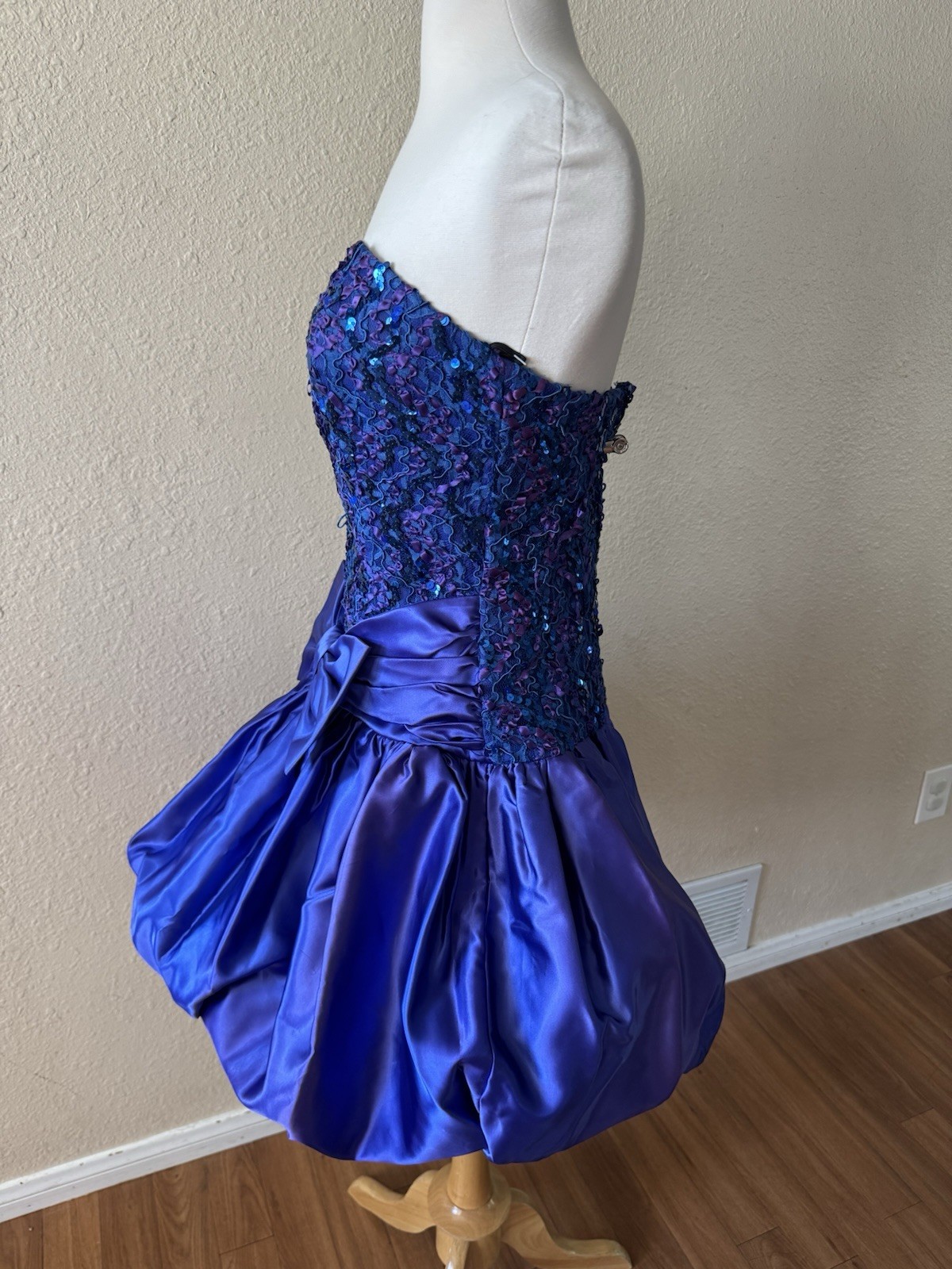 Vtg Scarlett Nite Prom Dress Blue Purple Sequin Short Bubble Hem 7/8 Strapless