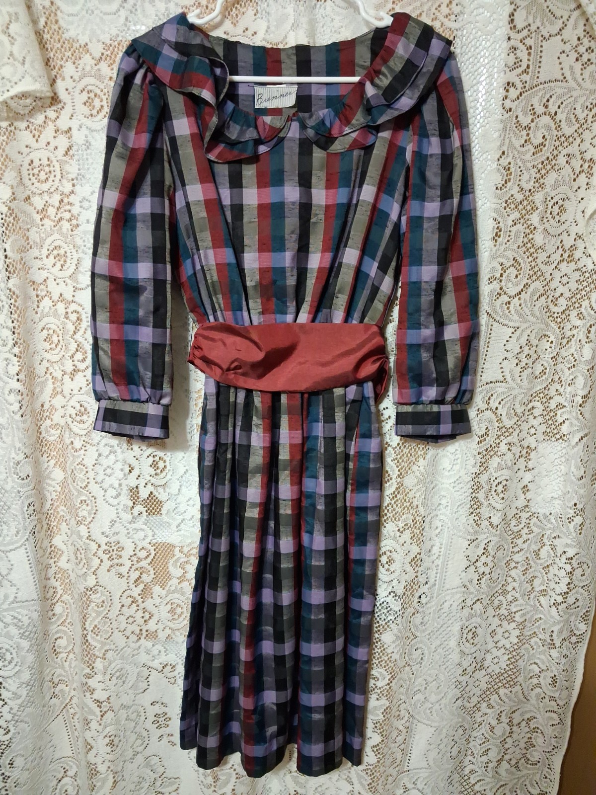 Vintage 1980s Brenner Plaid Colored Dress W Belt And Ruffled Collar