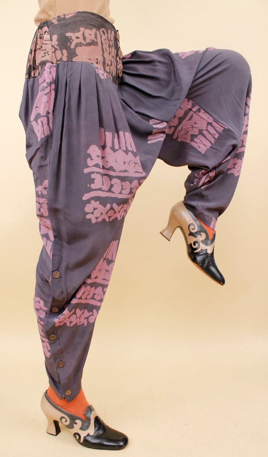 80s Vtg Silk Laise Adzer Designer Silk Moroccan Lagenlook Art Pants S-M W28-30″