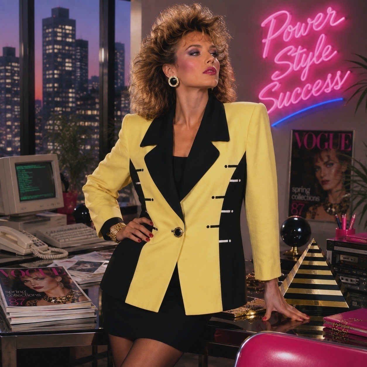 VTG Criscione x Cache Yellow Crepe Colorblock Power Blazer Women M Oversized 80s
