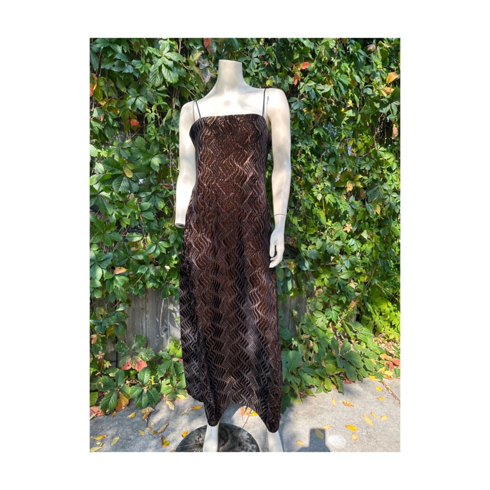 Vtg | 90s Formal Gown Dress Velvet Burnout Copper Metallic Spaghetti Straps 14
