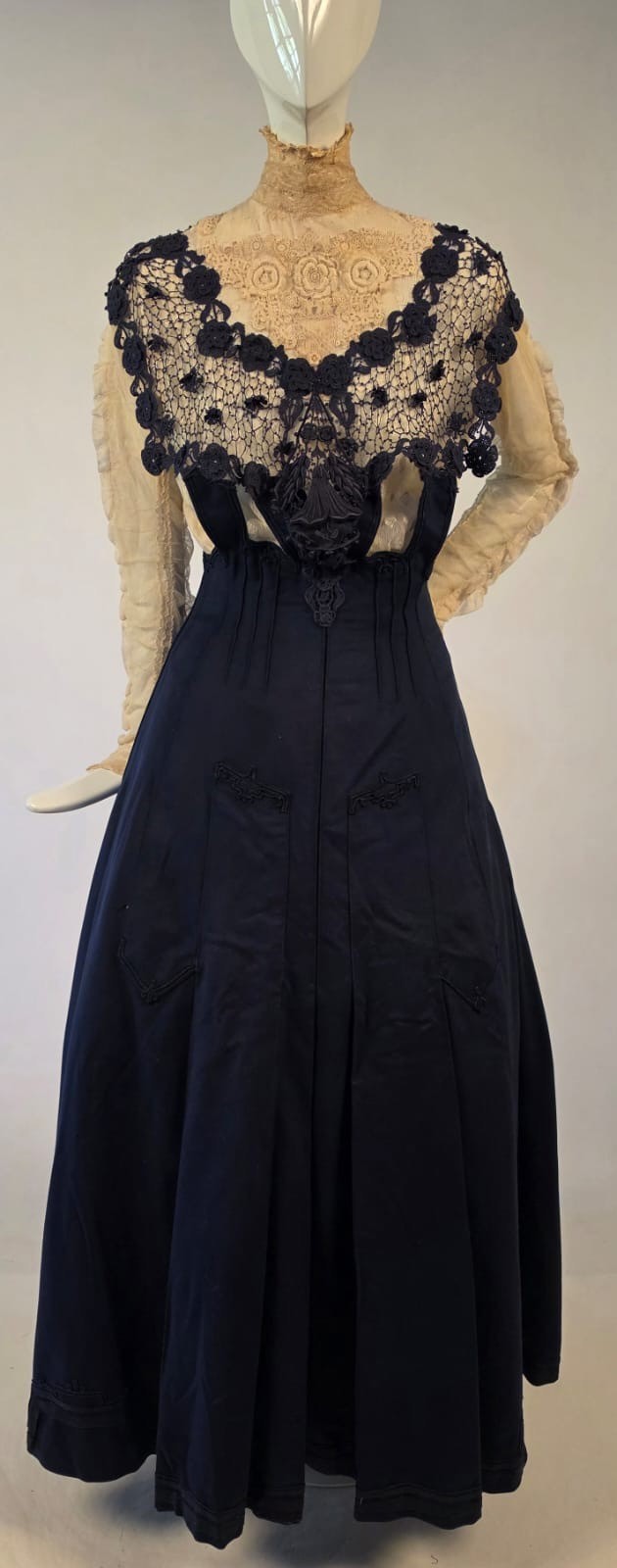 EDWARDIAN BLUE CASHMERE + LACE DRESS W RUCHED IVORY NET SLEEVES