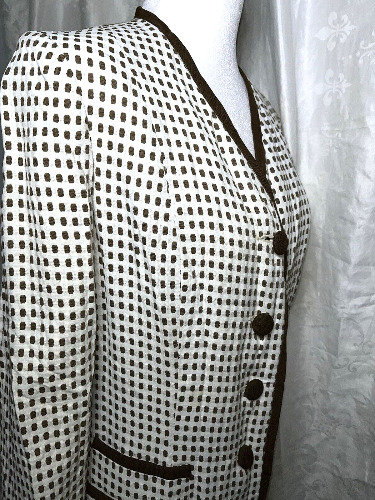 Vtg Coat Jacket White 60s Designer Montaldos Lightweight Brown Polka Dot S M