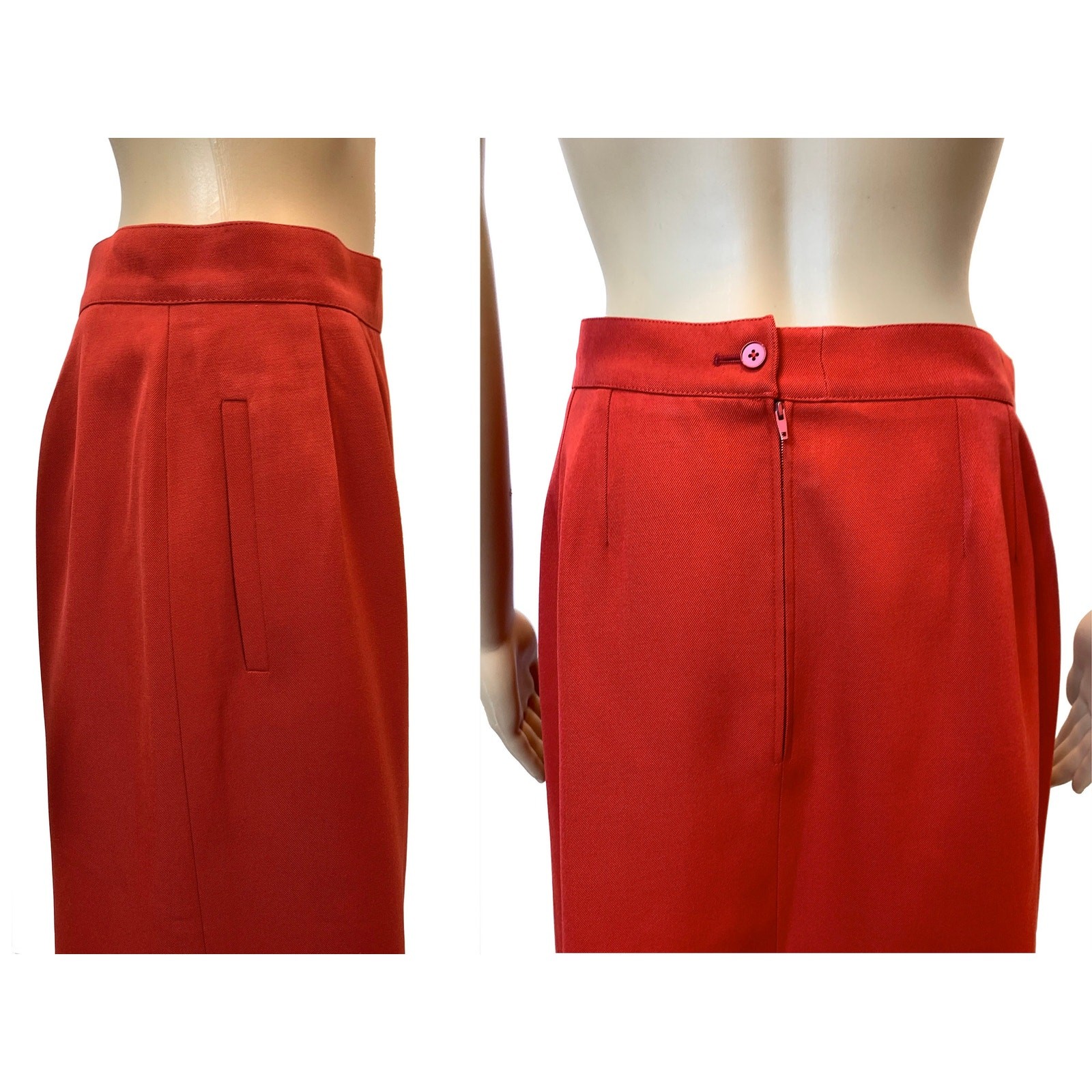 Vintage Ted Lapidus Brick Red Wool Midi Skirt France Straight Lined W 29.5″