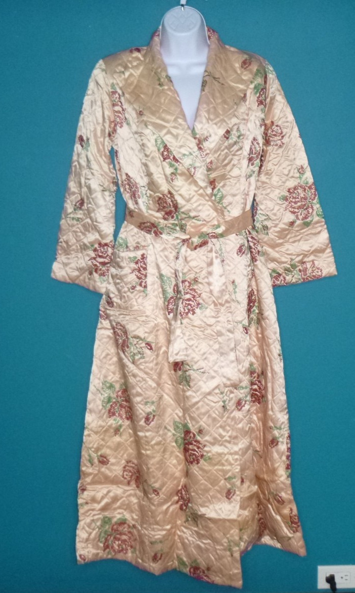 Vtg 1940s Dressing Gown / Robe Peach Quilted Satin FLOCKED Roses Wrap Style Sz M