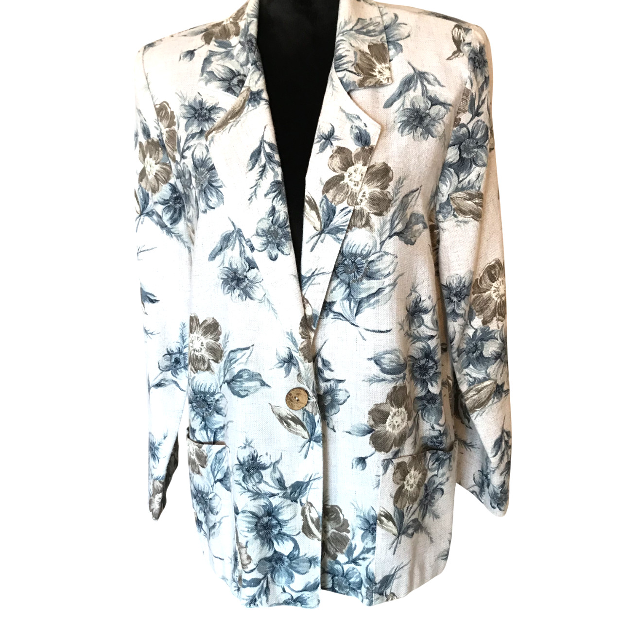 VTG 80s Lisa Josephs Oversized Floral Blazer Cream Lilac Green Woven Jacket Sz S