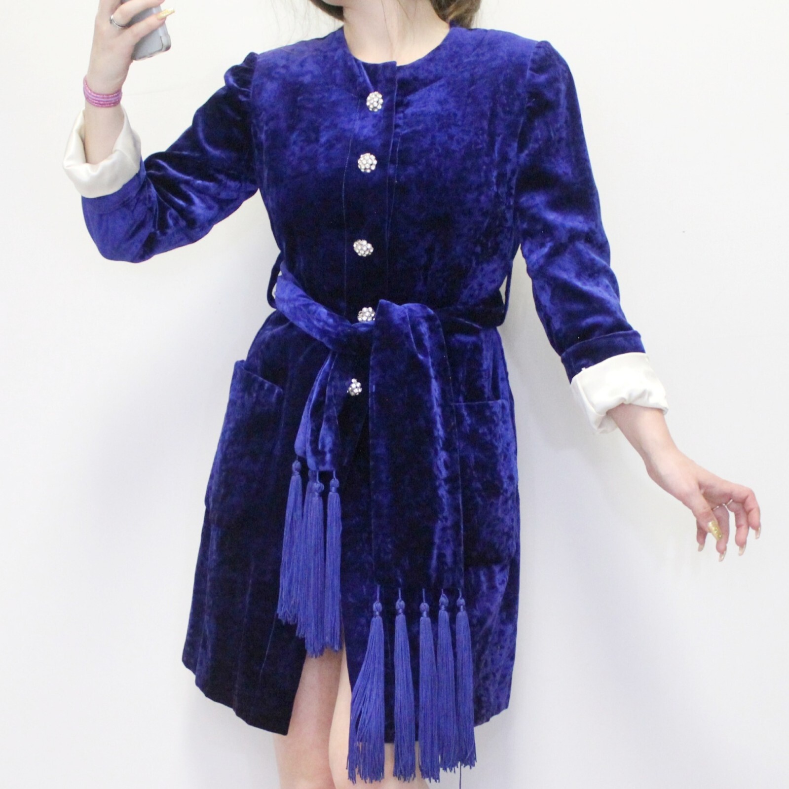 Vintage 60s Blue Velvet Micro Mini Dress Jacket with Fringe Sash and RHinestone