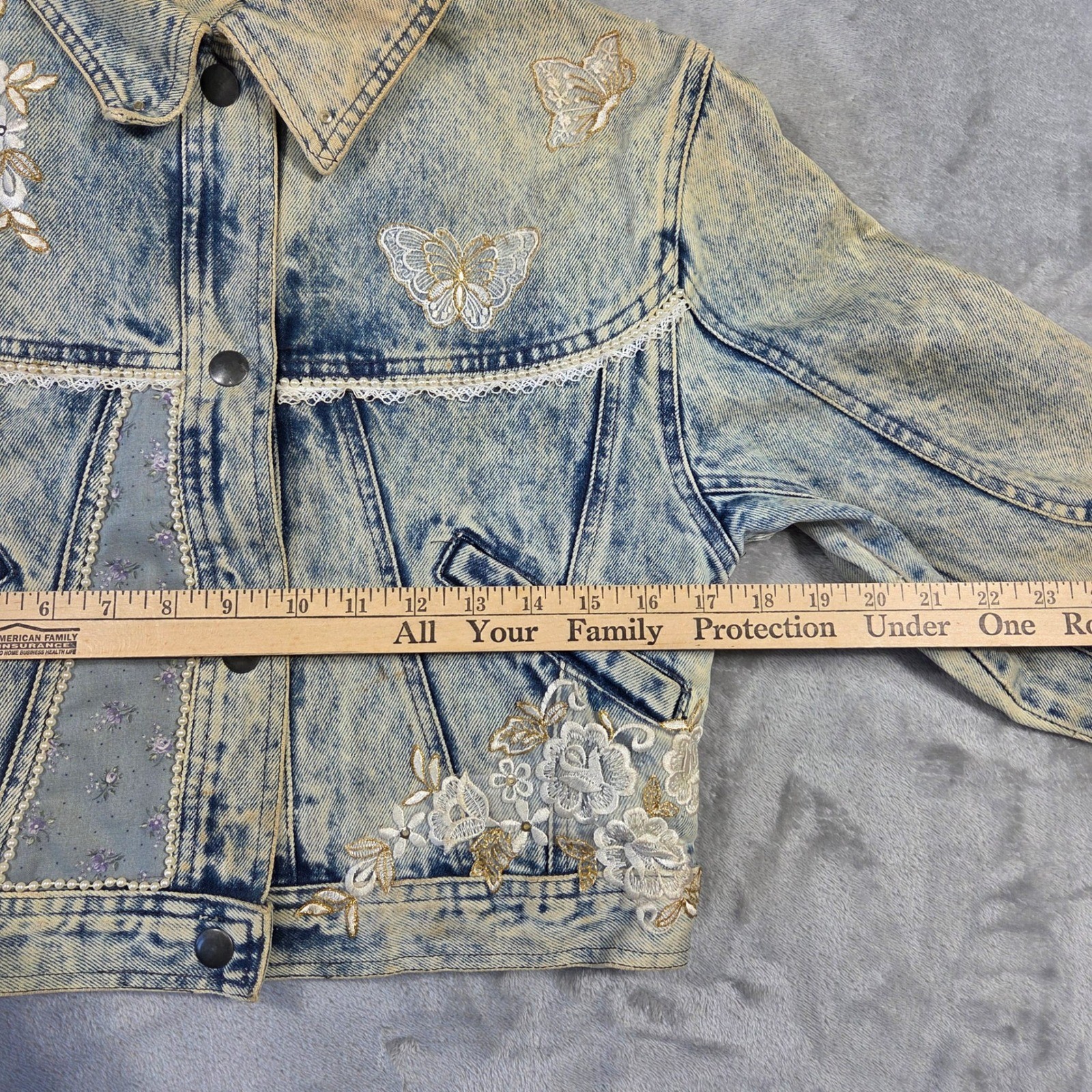 Vintage YR Acid Wash Upcycled Denim Jacket Butterflies Lace Crop S Retro Y2k