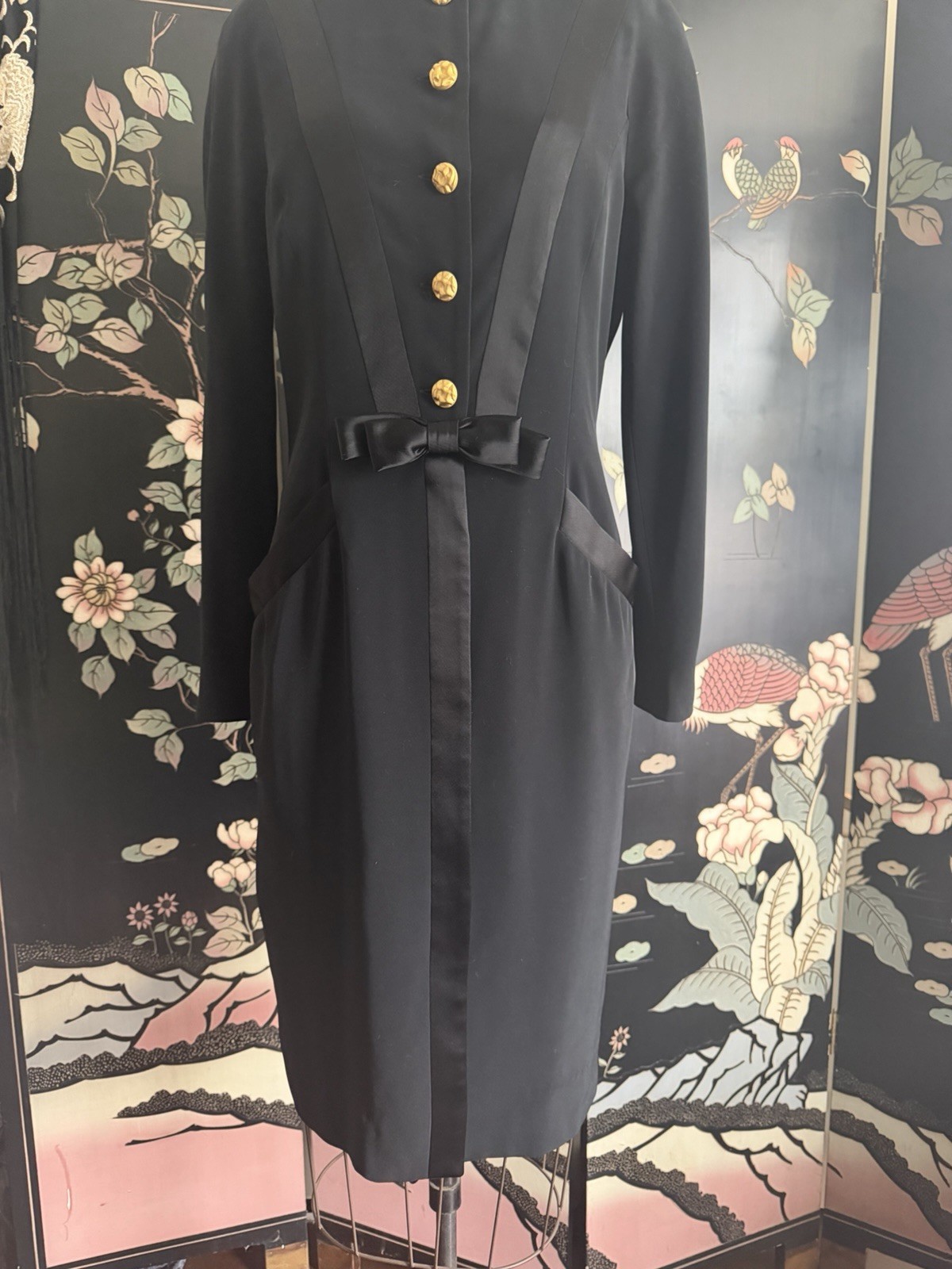 Vintage ‘80s Nipon Boutique Black Crepe & Satin Dress Long Sleeve Bow 8 Small