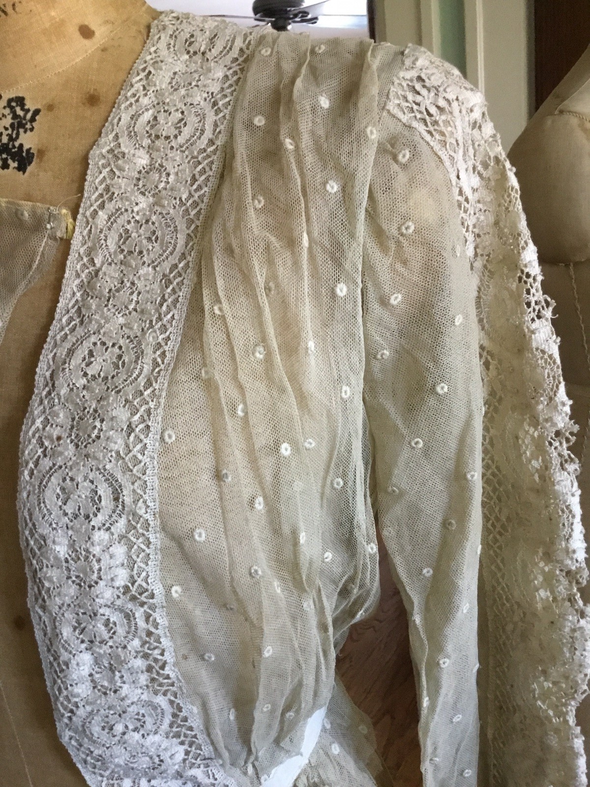 Antique Vintage Edwardian Victorian Net Blouse Lace Detail Ecru Student AS IS