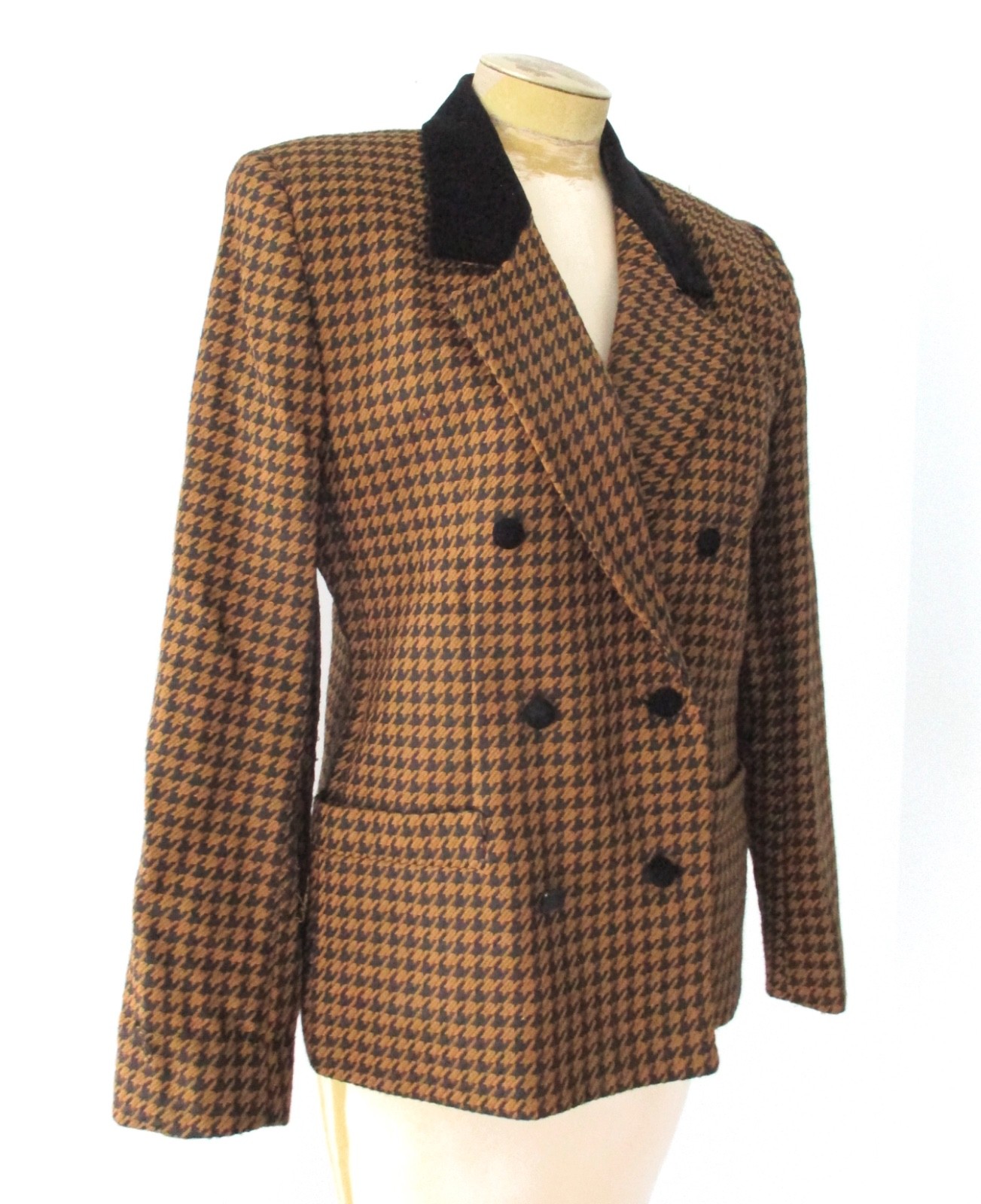 Vtg 80s boxy brown black houndstooth executive career blazer jacket pockets 8