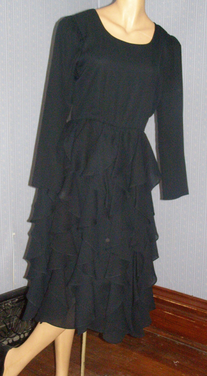 Vintage 80’s simple black semi-sheer TIERED RUFFLE dress S M chiffon evening
