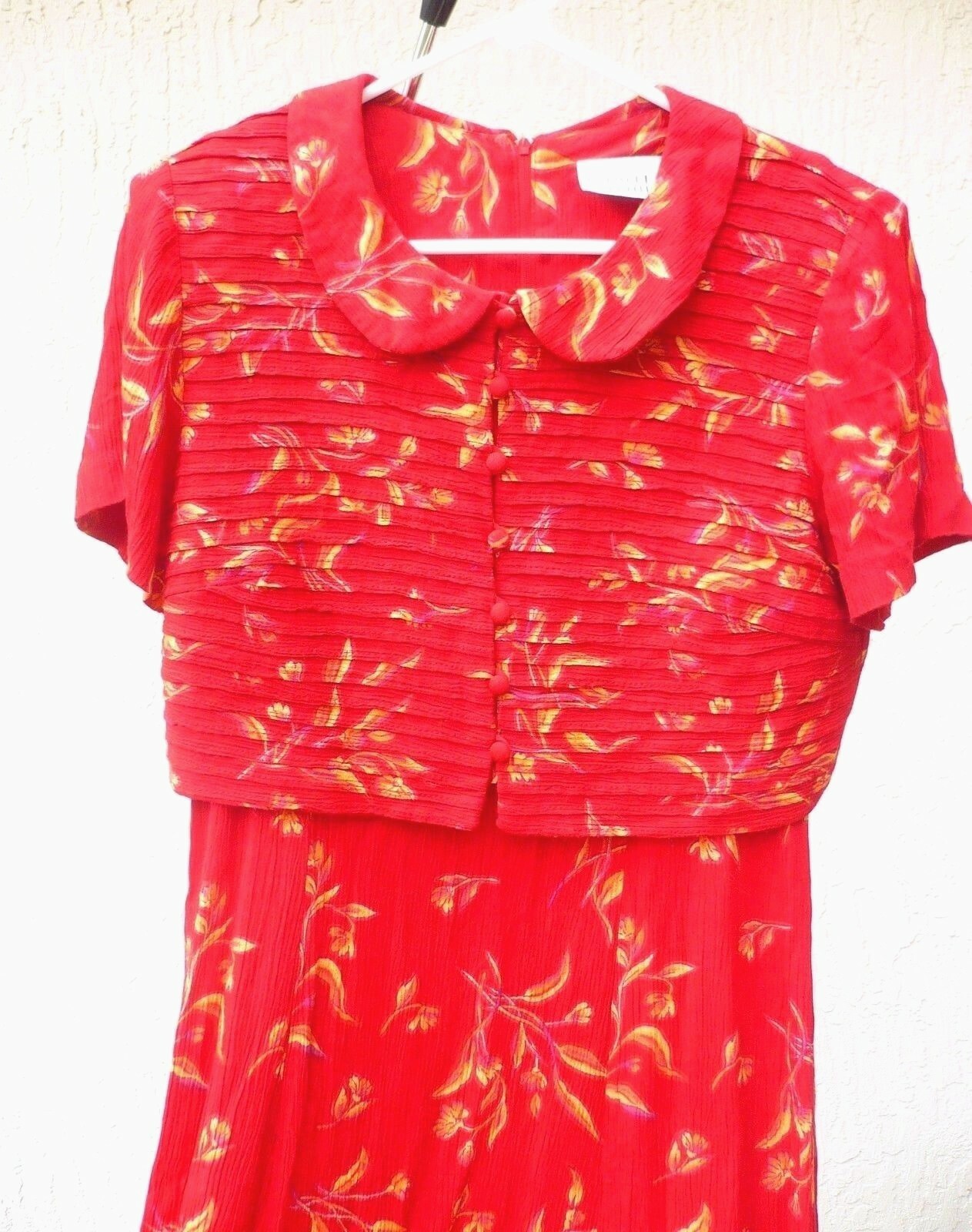 VTG 90S HALMODE P M RED FLORAL LEAF TANK PINTUCK JACKET DRESS SECRETARY WOMEN